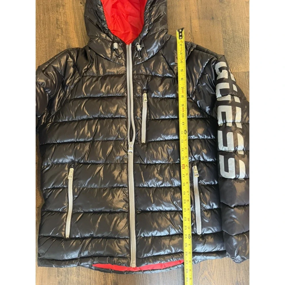 Guess Puffer Jacket Hooded Men's Large Black Red Interior New NWOT